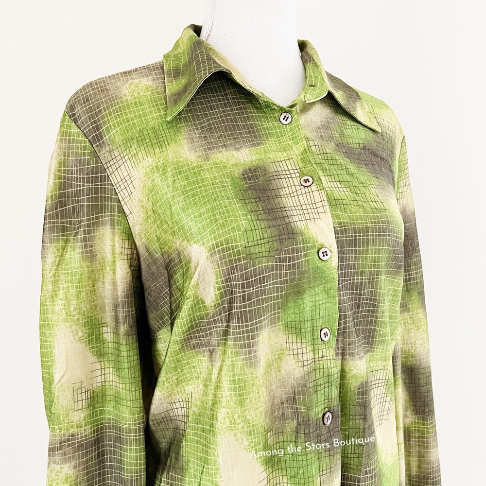 Very Rare 90s Vintage Green Abstract Print Button-Up Blouse ASO Cordelia in BTVS - Picture 10 of 14